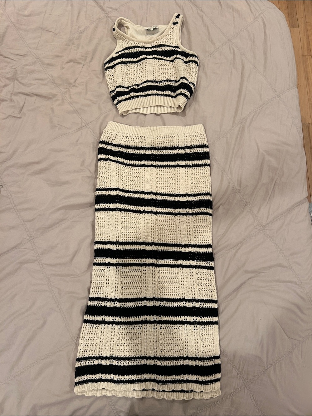 Striped Crochet Maxi Skirt — Black & Cream Two-Piece Set